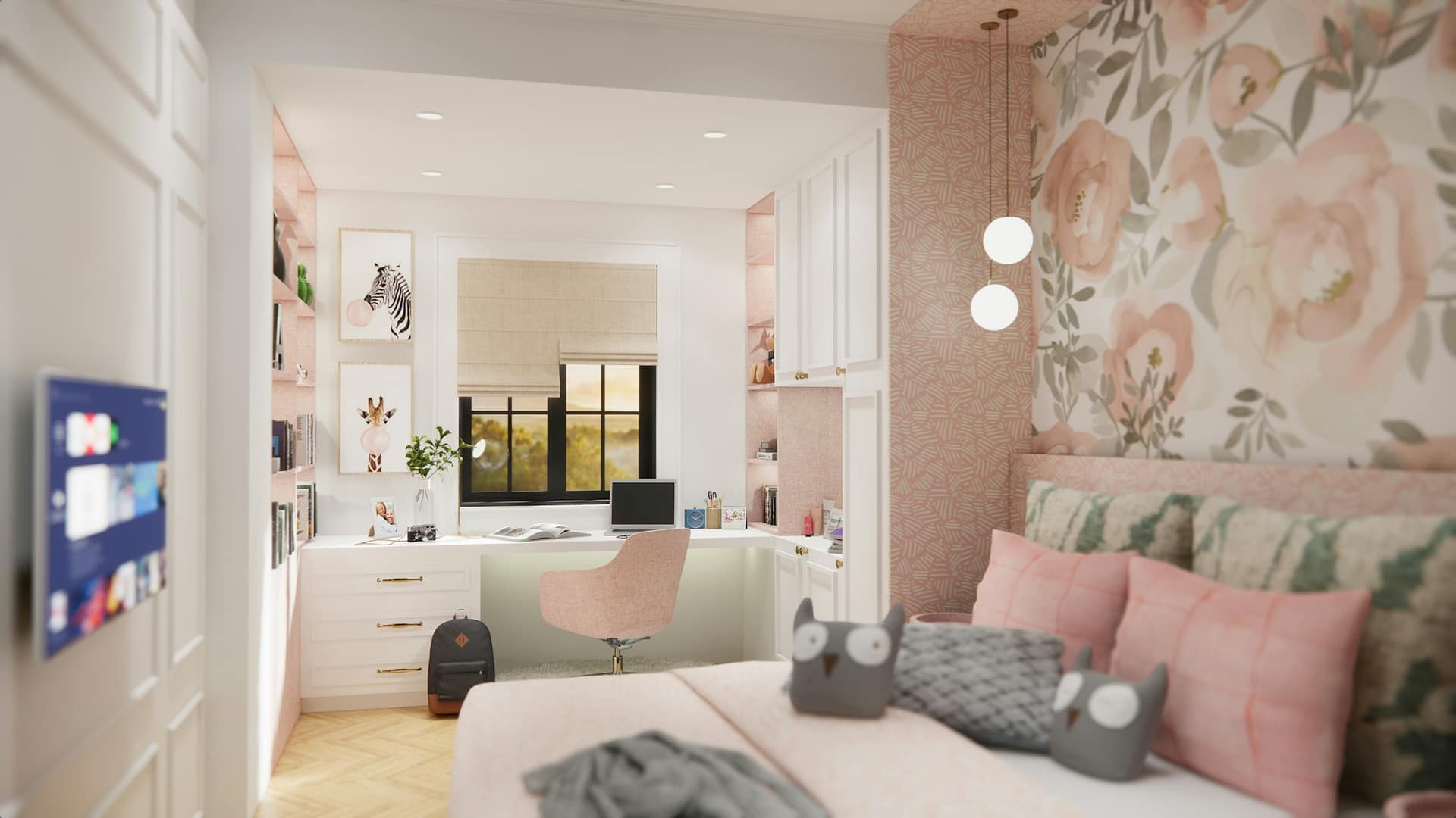 A bright bedroom with a desk for working